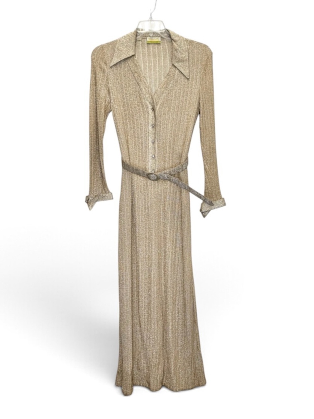 Vintage Tannel Gold Knit Maxi Dress Size Large Shimmer Belt 14